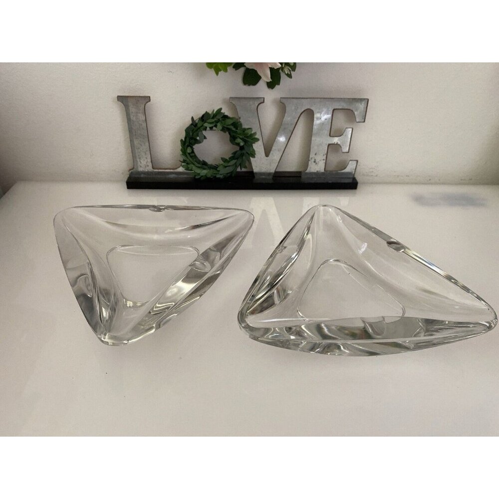Val St Lambert 2 Crystal Super Clear Trigone Triangle Ashtray Etched Signature